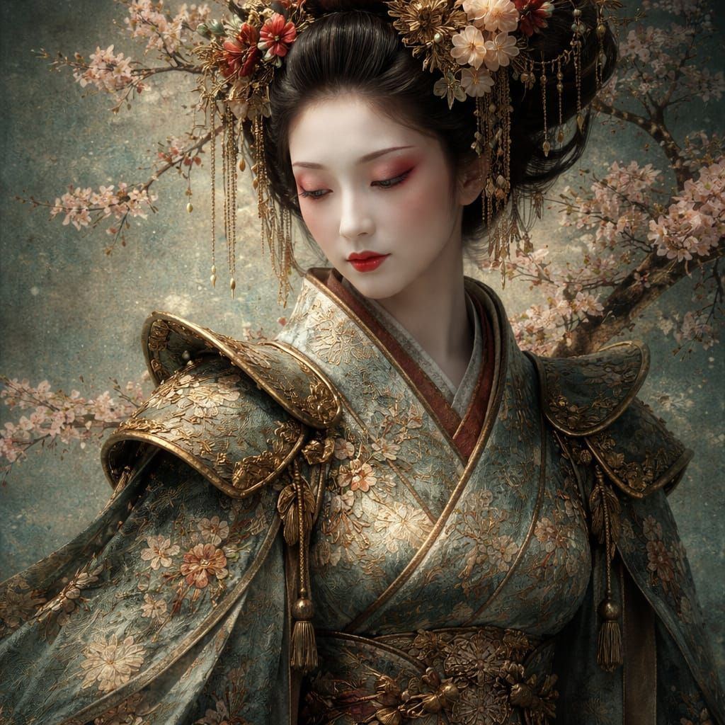 Ethereal Geisha in Ceremonial Armor with Cherry Blossoms