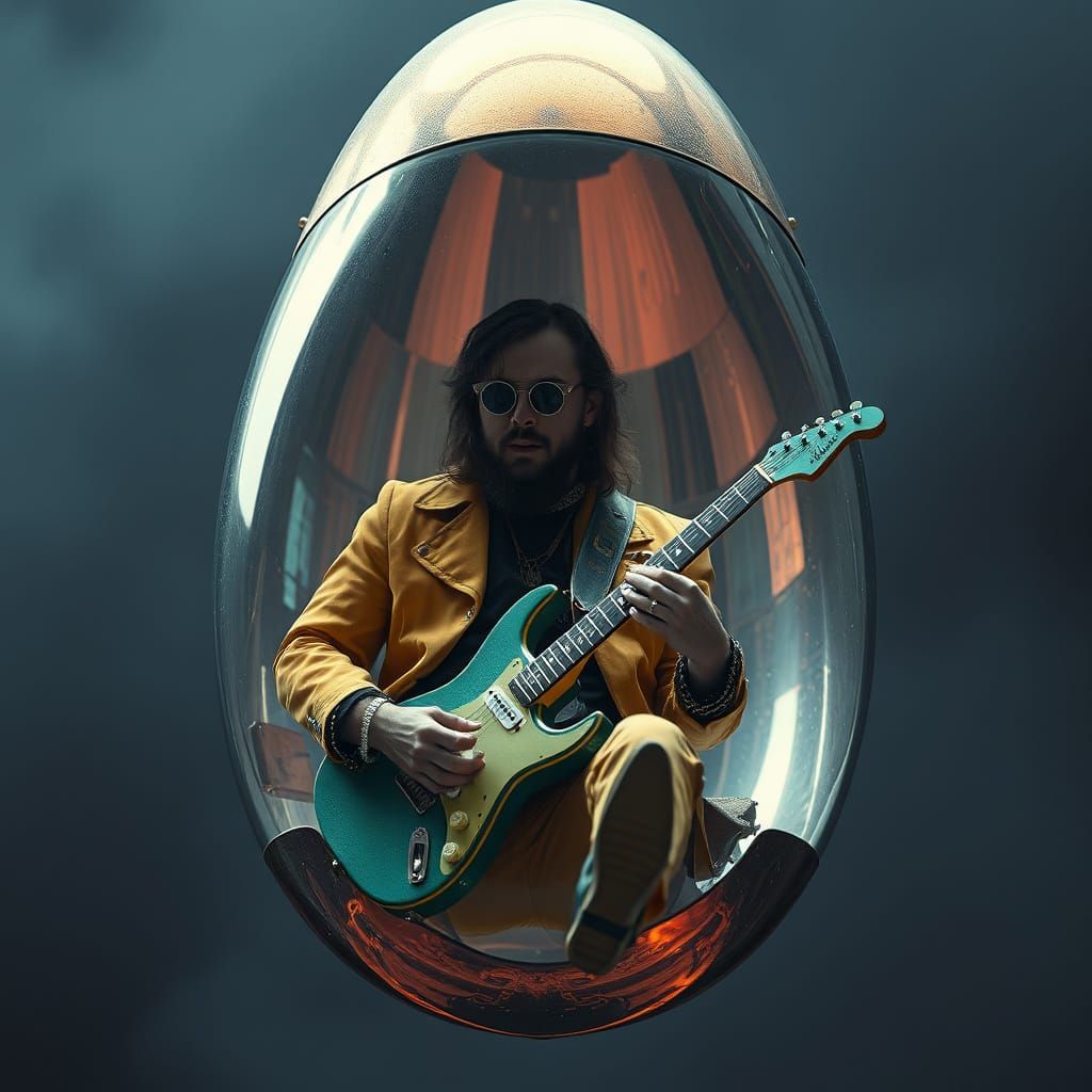 Rock Musician Inside Metallic Egg, Hyperrealistic Art