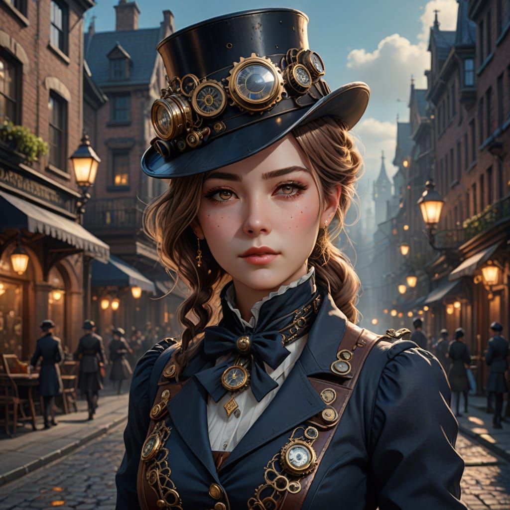 Steampunk Woman in Victorian City
