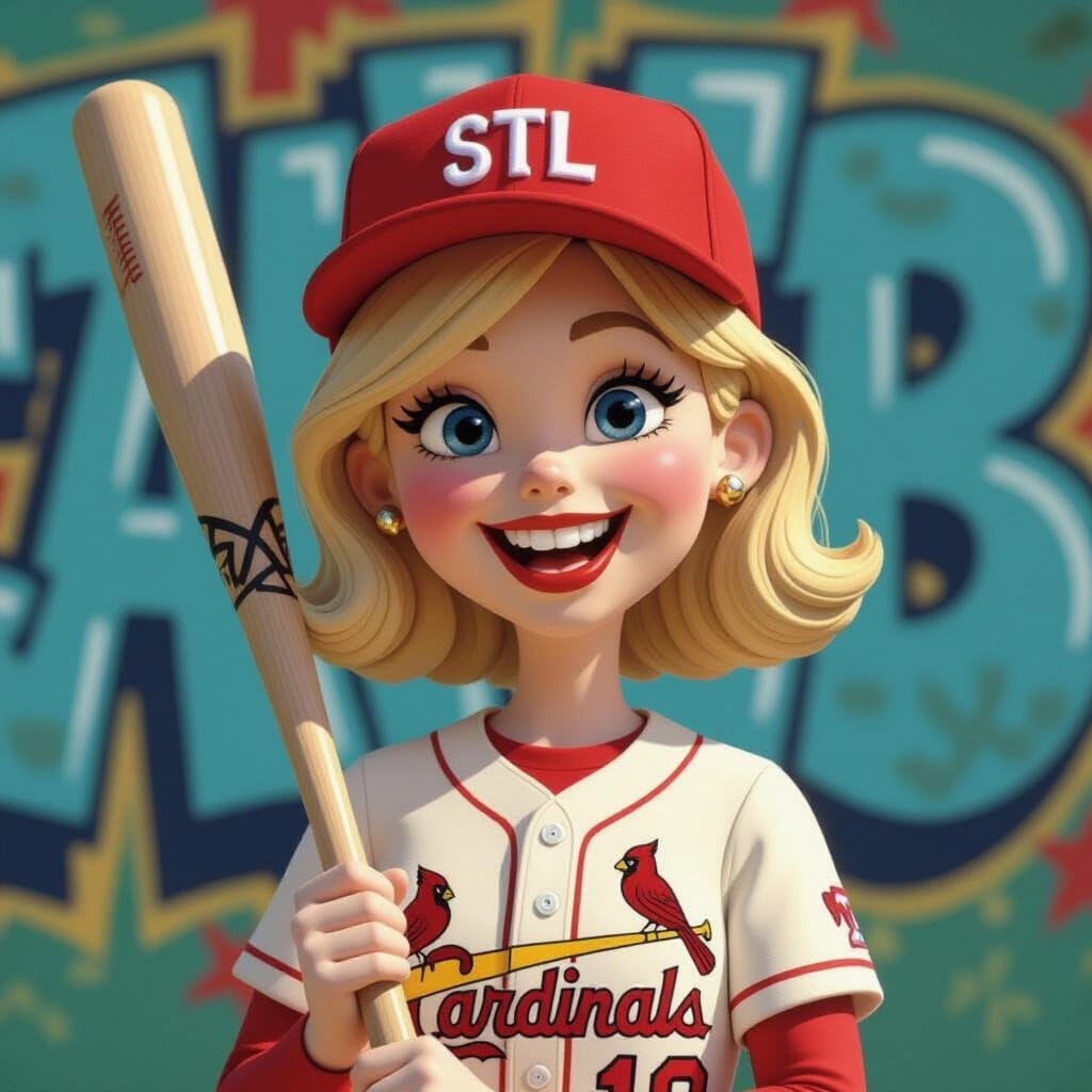 Claymation Girl in Cardinals Jersey with Baseball Bat