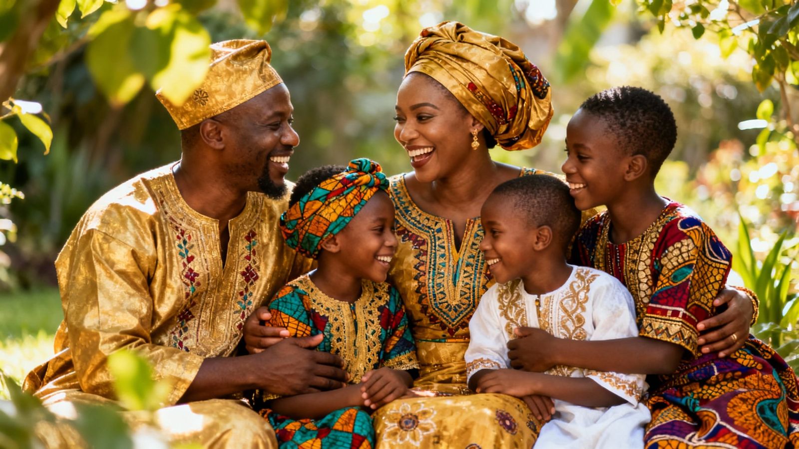 Regal African Family in Lush Garden Portrait