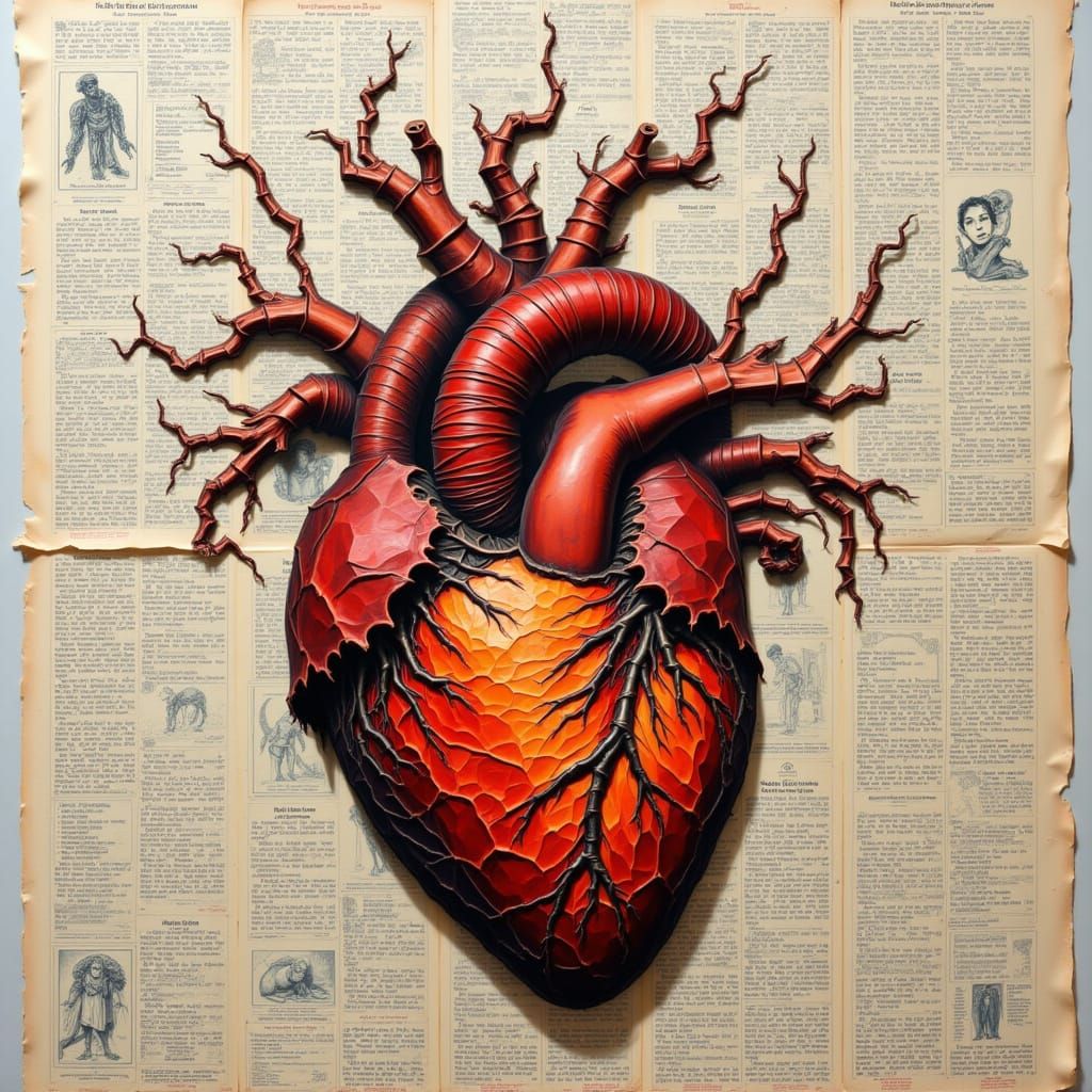 Dadaist Paper Collage of a Burning Anatomic Heart