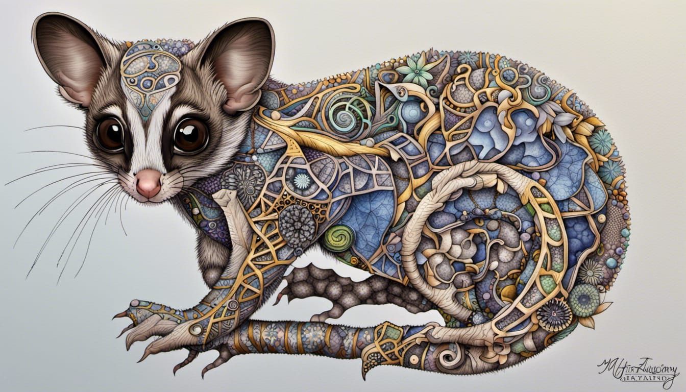 Pygmy Sugar Glider with Quantum Zentangle Flora
