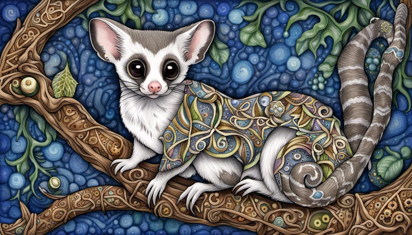 Pygmy Sugar Glider with Quantum Zentangle Flora