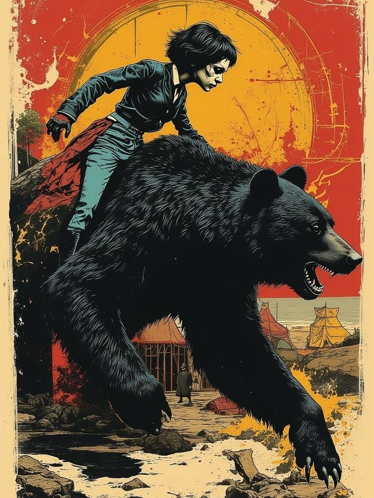Pop Art Clown Battles Grizzly Bear Under Collapsing Big Top