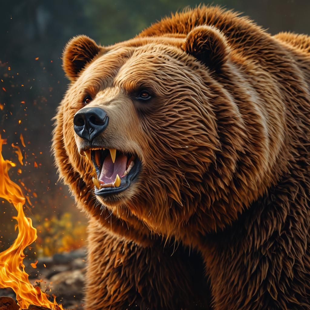 Fiery Grizzly Bear in Hyperrealistic Splash Art