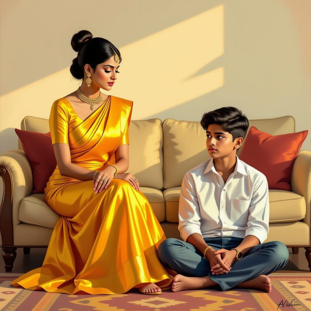 Stunning Indian Woman in Yellow Silk Admonishes Young Boy