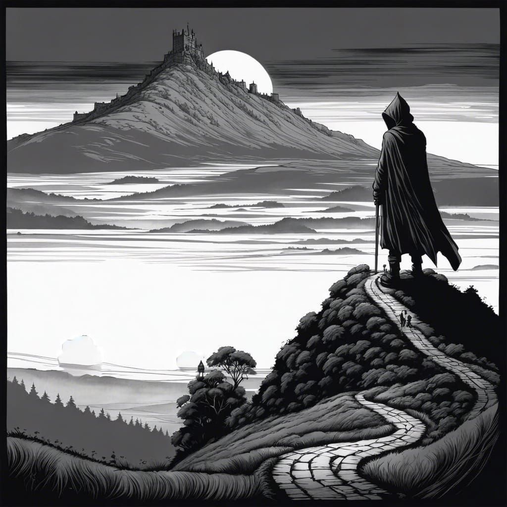 Grayscale Hooded Figure on Hill in Rackham Style