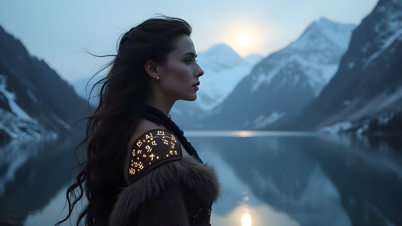 Norse Warrior Woman in Moonlit Fjord Valley