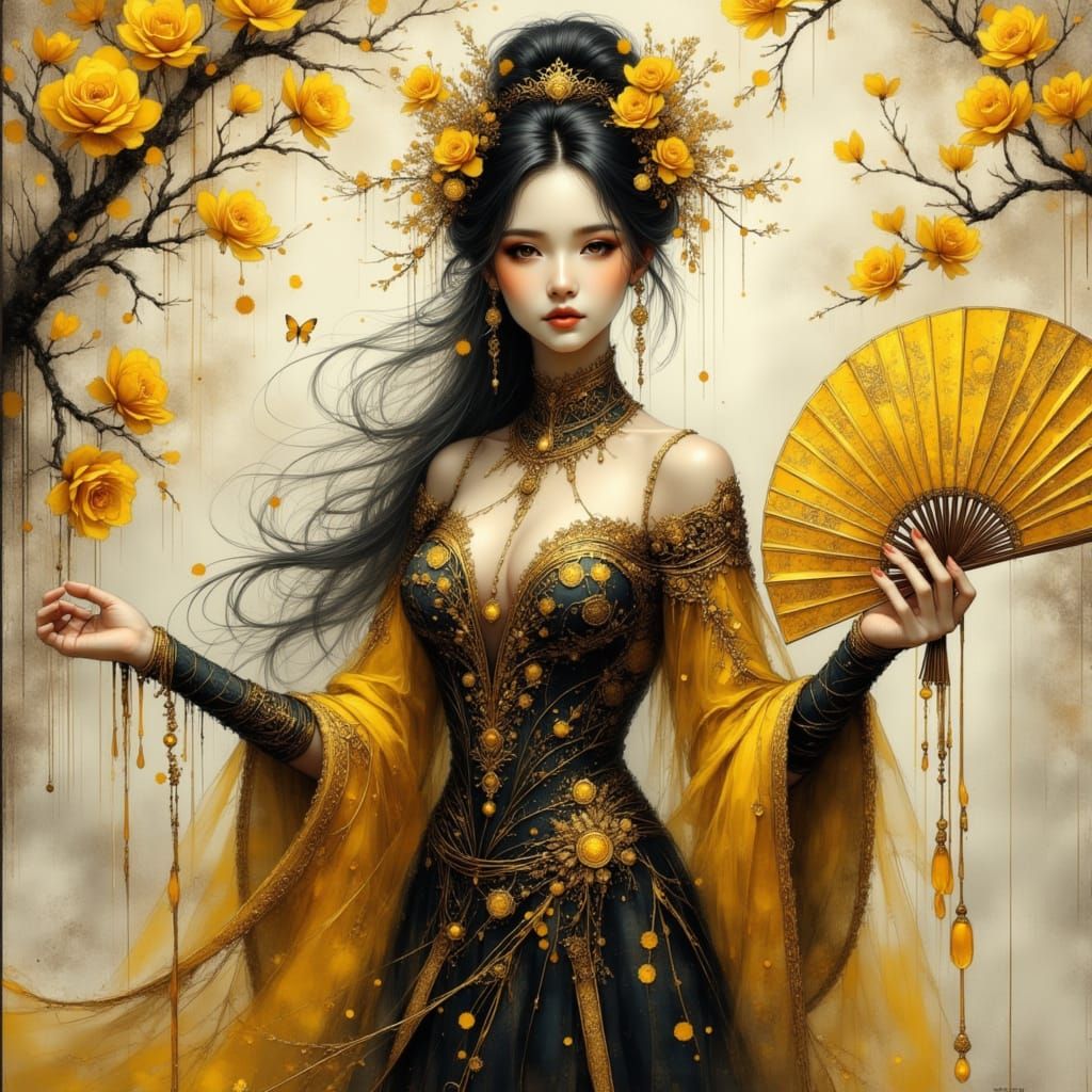 Regal Woman with Golden Fan in Fantasy Art Style