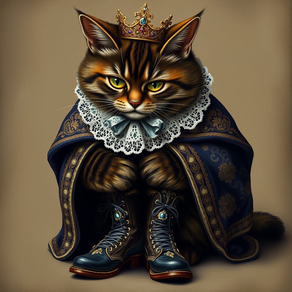 Regal Feline Struggles with Oversized Boots in Whimsical Art