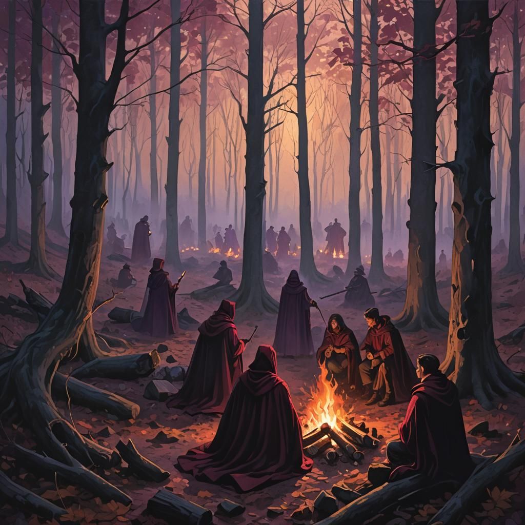 Eerie Campfire Scene in Autumn Forest Clearing