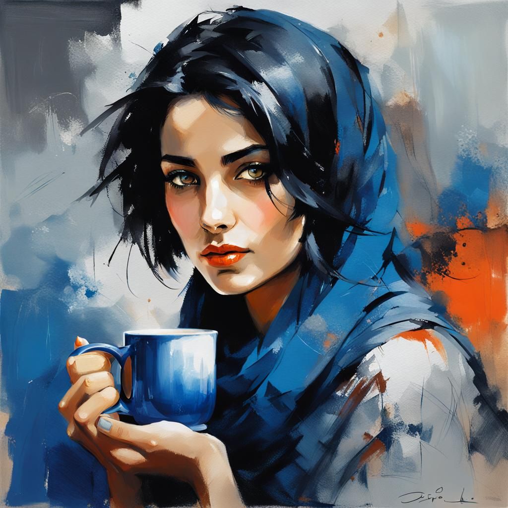 Arab Woman Portrait in Steel Blue and Persimmon