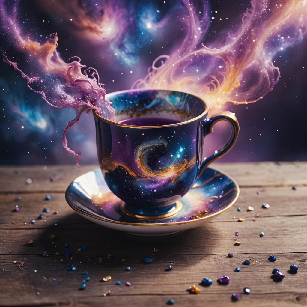 Galaxy Spills From Teacup: Dreamlike Cinematic Still