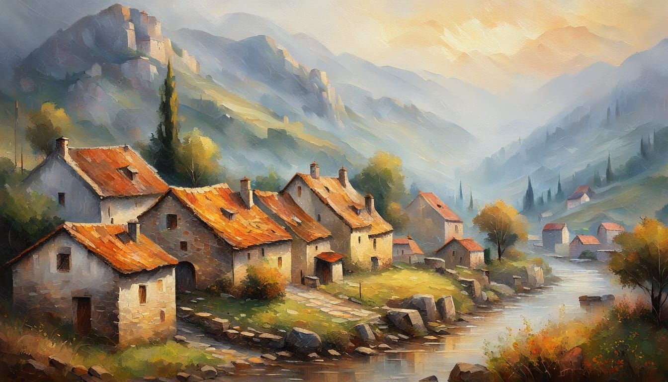 Impressionist Village in Misty Mountains: Oil Painting