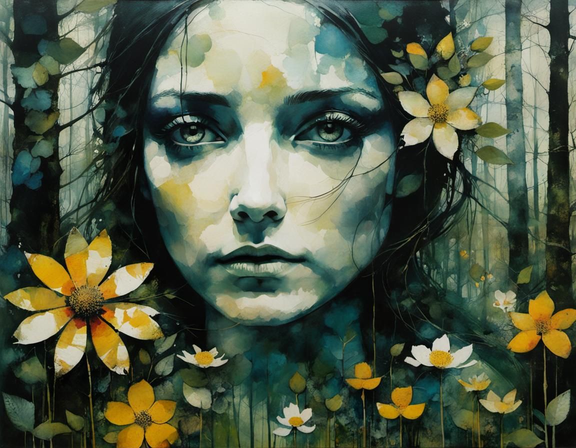 Woman in Forest as Encaustic Masterpiece