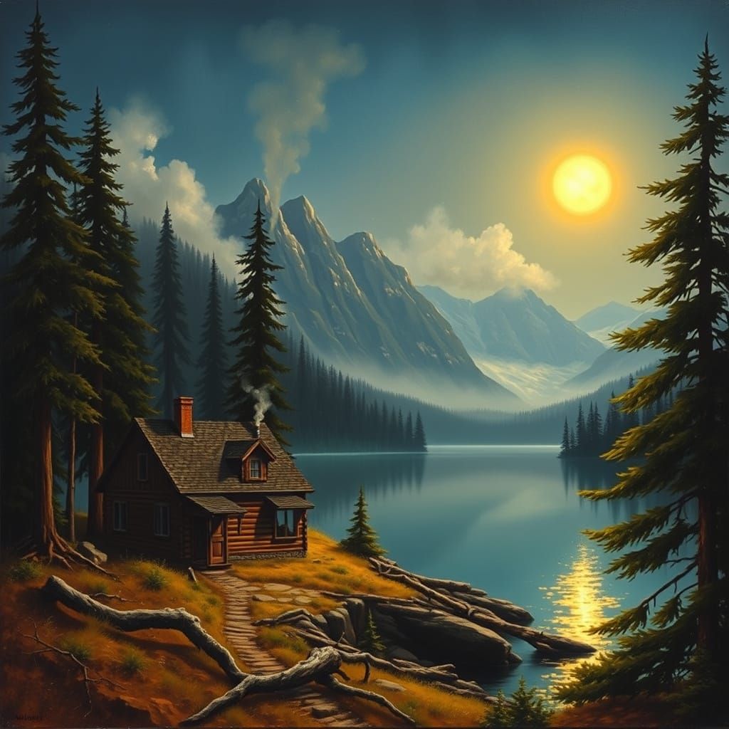 Mountain Cabin Glows Under Starry Night Sky