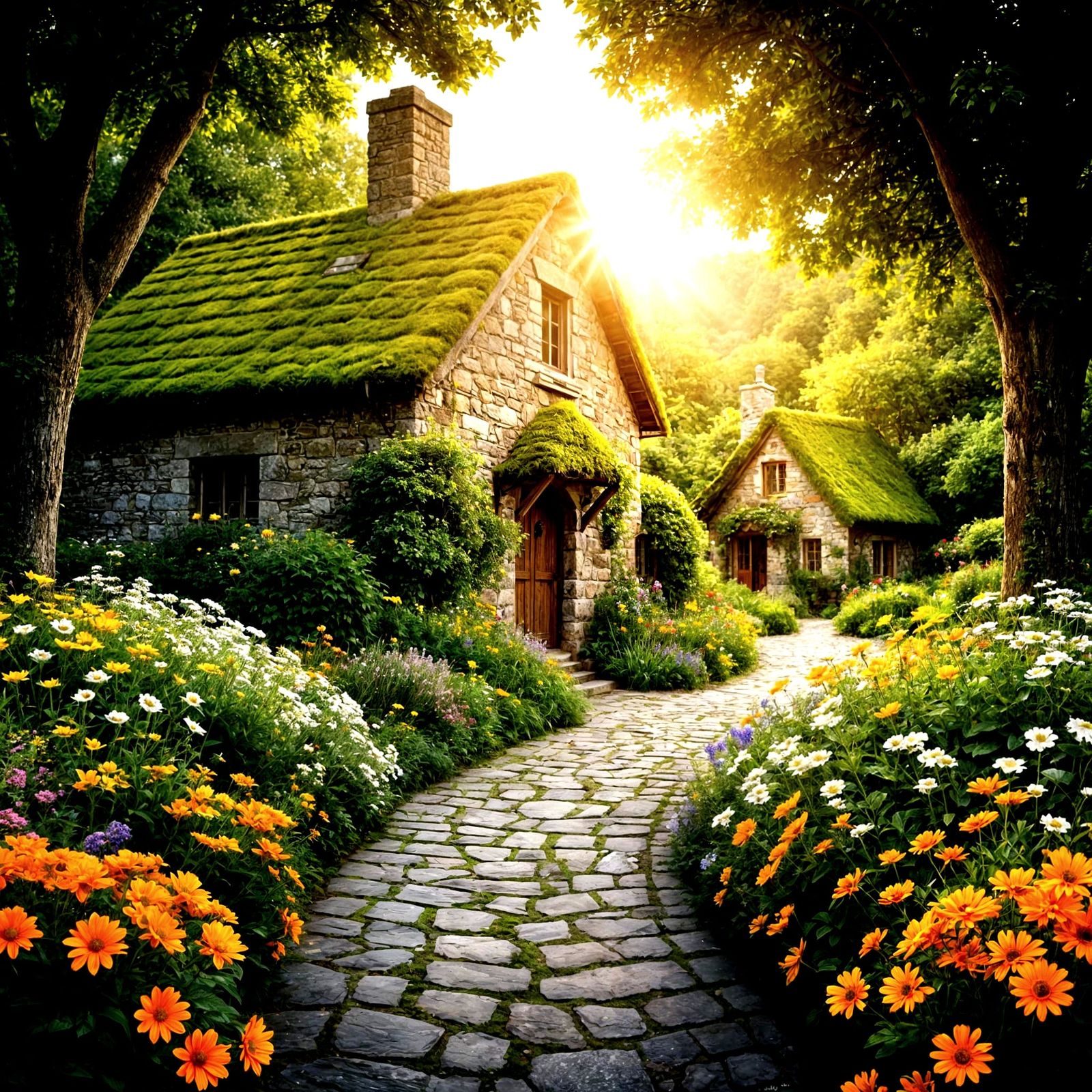 Rustic Stone Cottage in Lush Flowering Garden