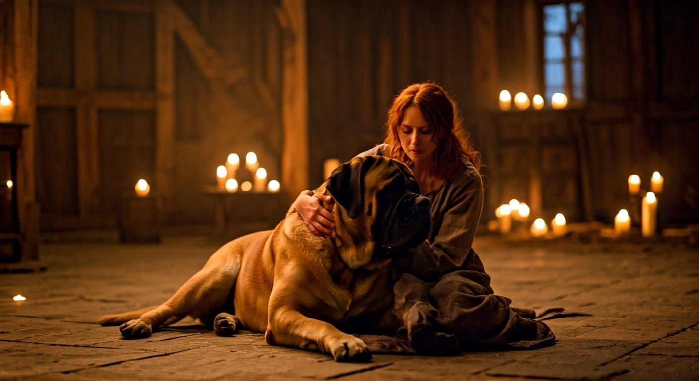 Auburn Haired Woman and Mastiff in Golden Light