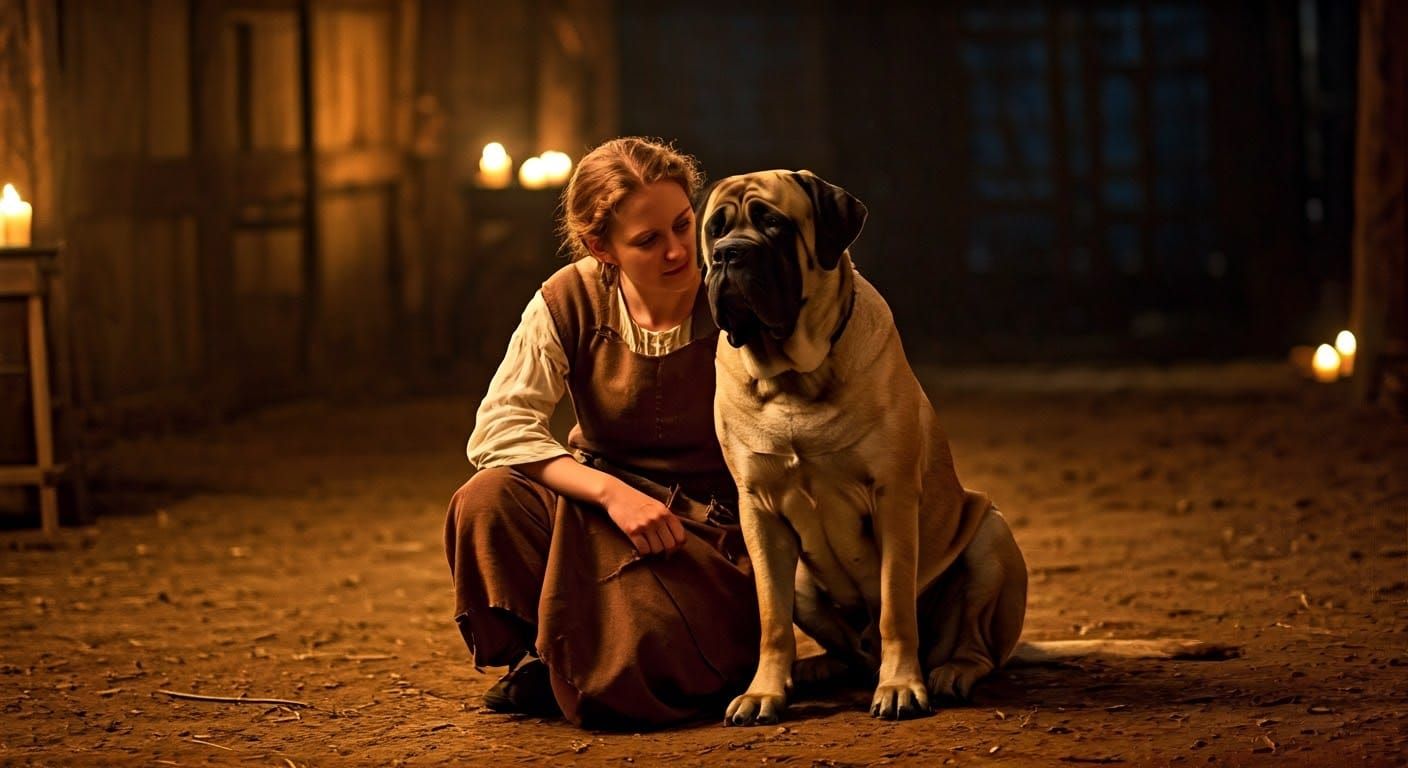 Peasant Woman and Mastiff in Medieval Barn