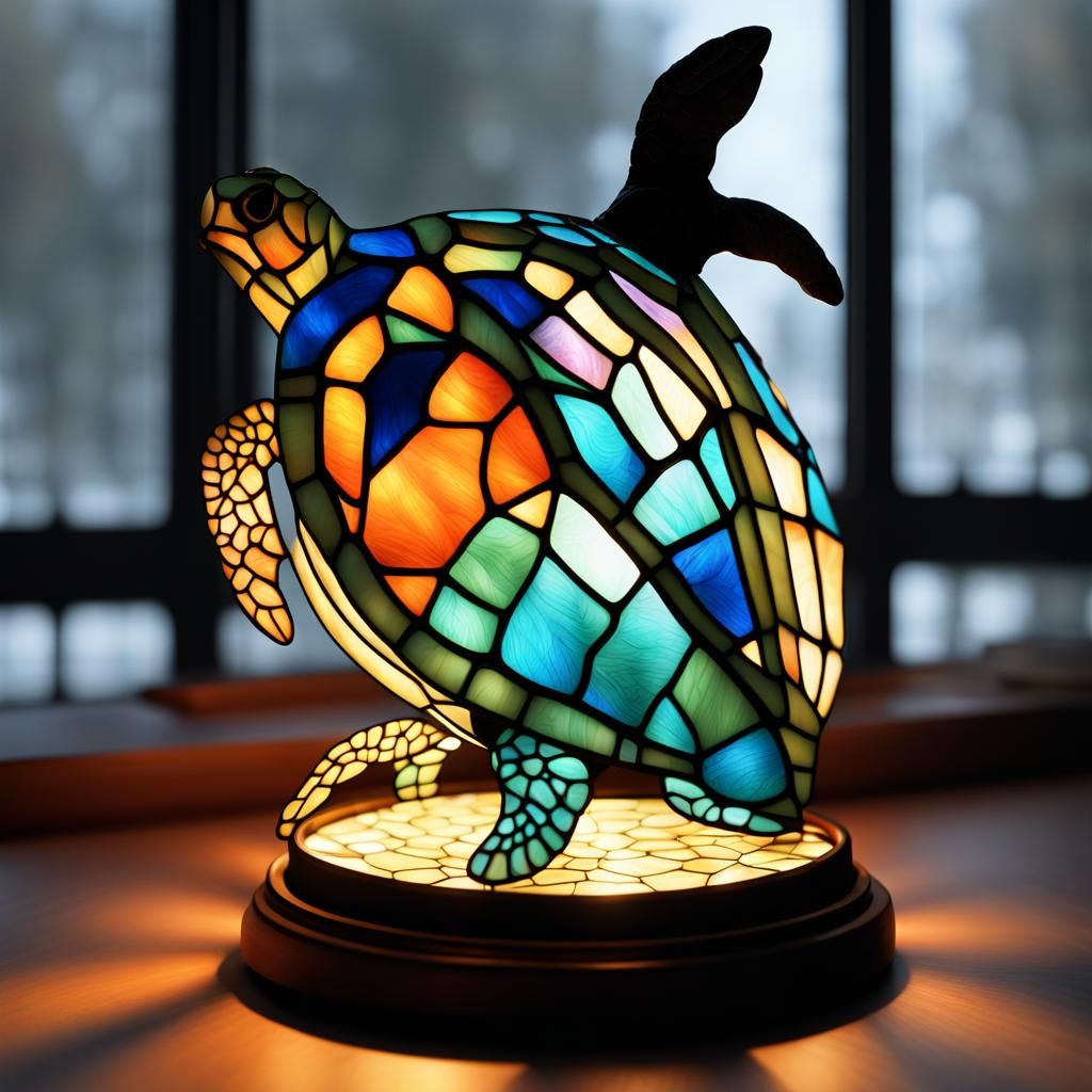 Stained Glass Turtle Lamp in Photorealistic CGI Style