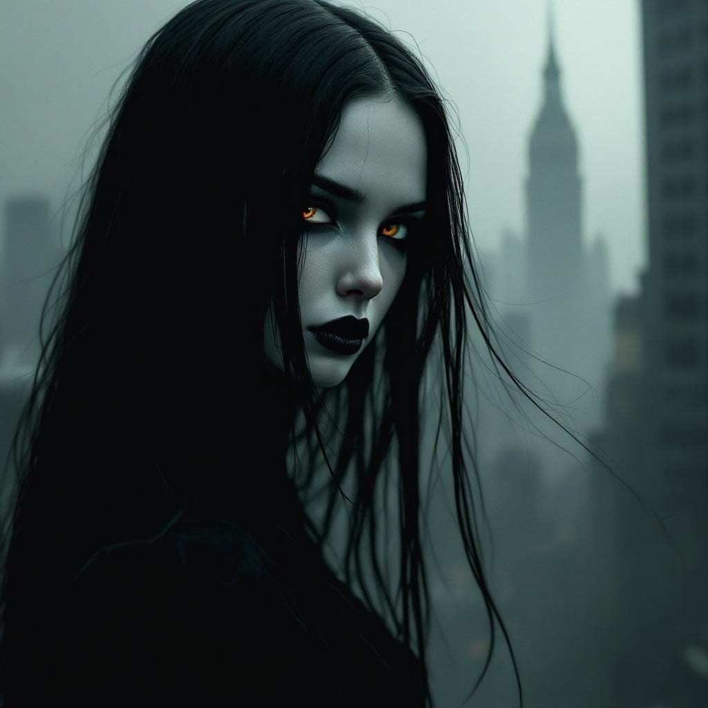 Gothic Elegance: Girl in Desaturated Cityscape