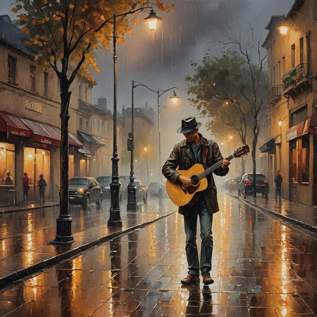 Melancholic Guitarist Singing in Rain: Romantic Oil Painting