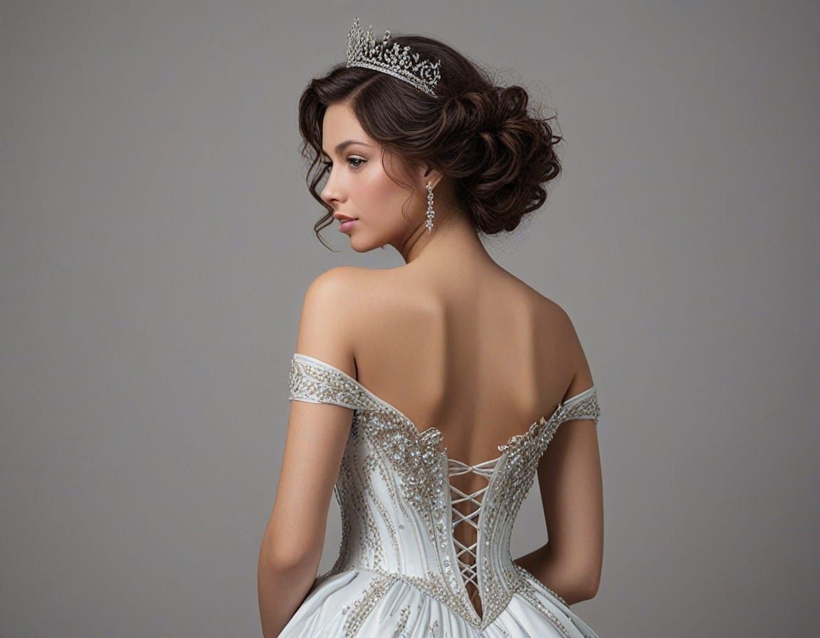 Elegant Brunette Lady Wears Regal Gown with Topaz Crown