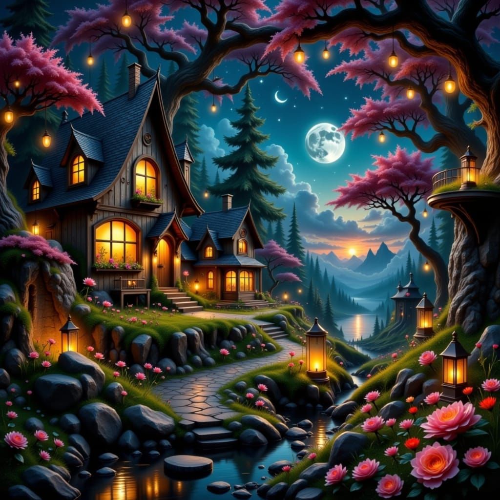 Miniature Village in Ornate Crescent Moon