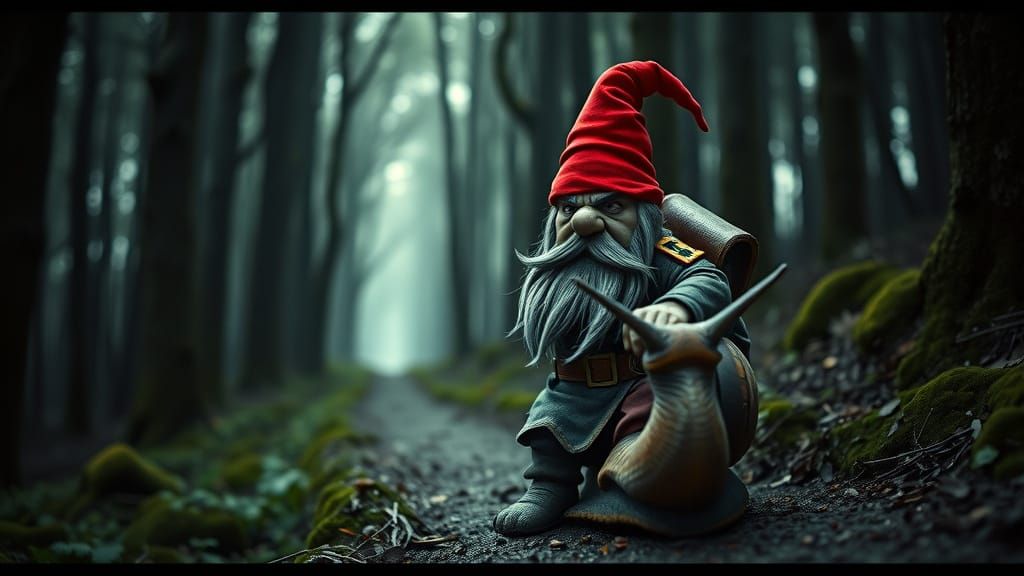 Angry Gnome Rides Snail Through Dark Forest
