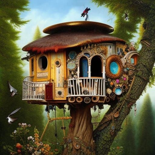 Punk Rococo Bird-Girl in Interactive Treehouse Nest
