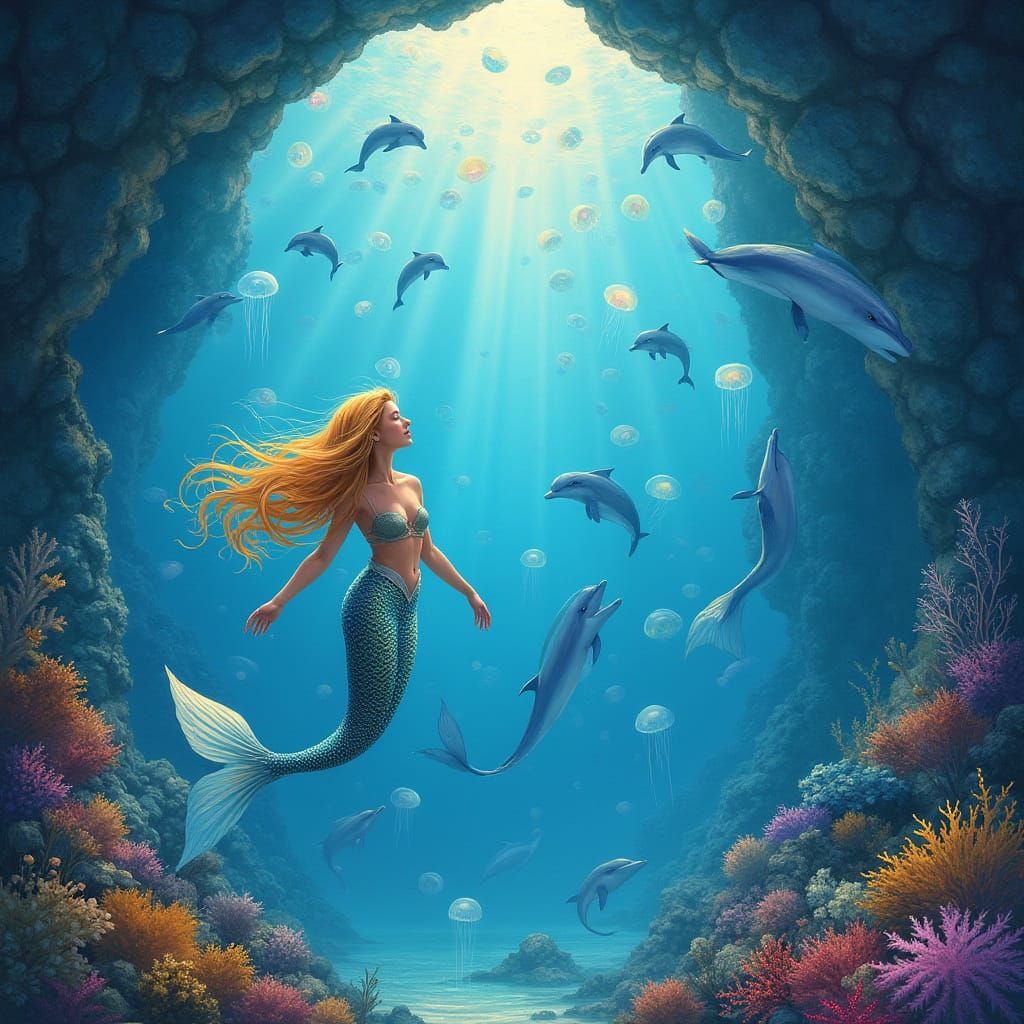 Iridescent Mermaid Glides through Vibrant Coral Reef in Drea...