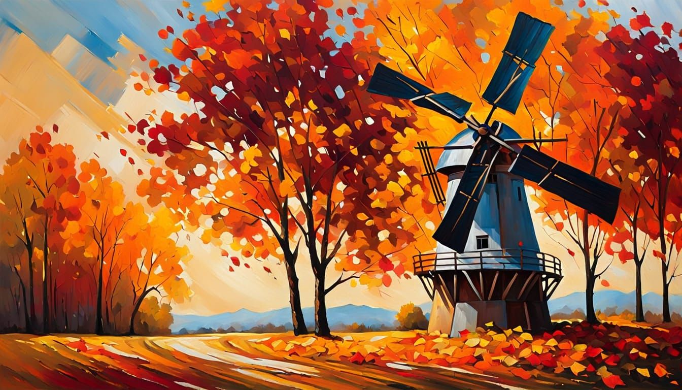 Rustic Autumn Windmill in Expressive Oil Style