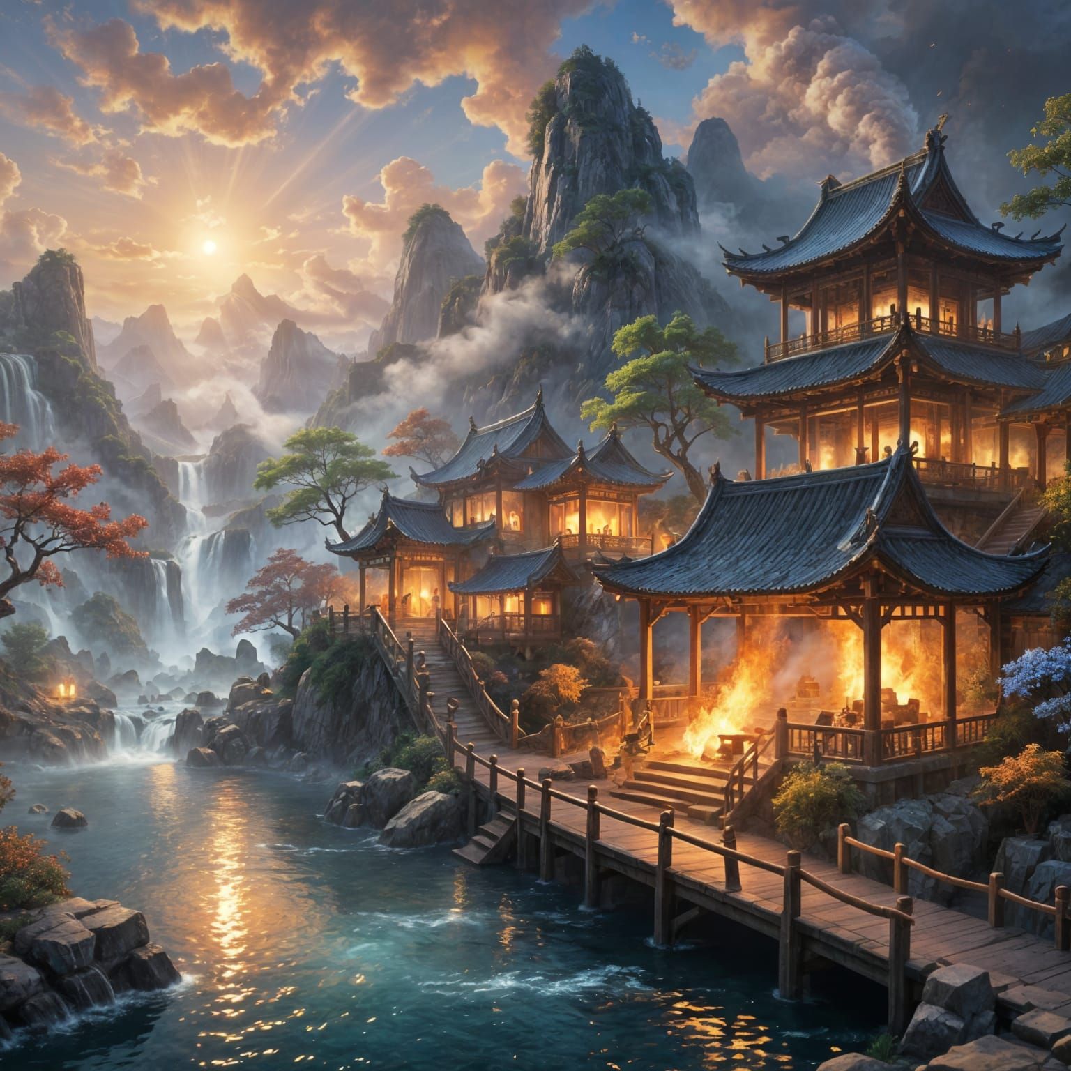 Spirits of the 4 elements , fire, water, metal, wood , Chinese fantasy, 4k,3d, ethereal fantasy hyperdetailed mist Thoma...