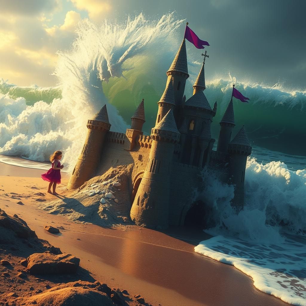 Ocean Waves Destroy Sandcastle, Dark Fantasy Art
