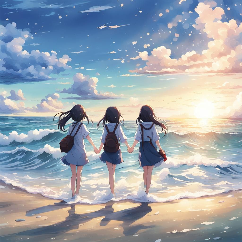 Anime Girls Walking into the Ocean
