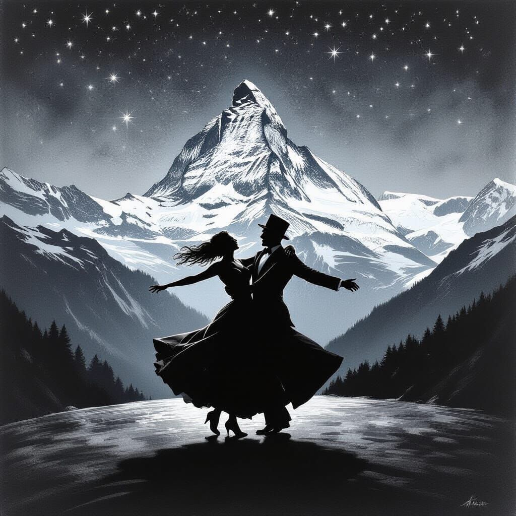 Switzerland Dancing Joyfully Against Starry Mountains