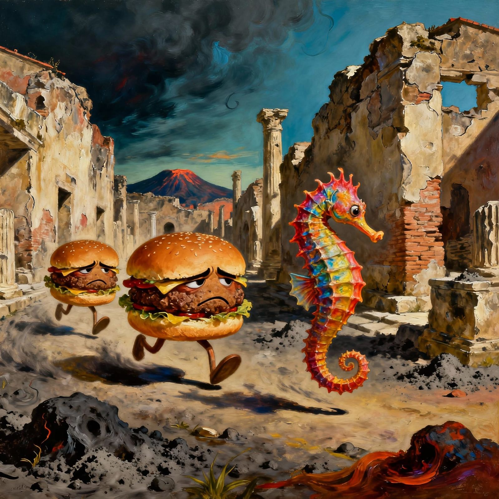 Surreal Oil Painting: Hamburgers Chase Seahorse in Pompeii R...