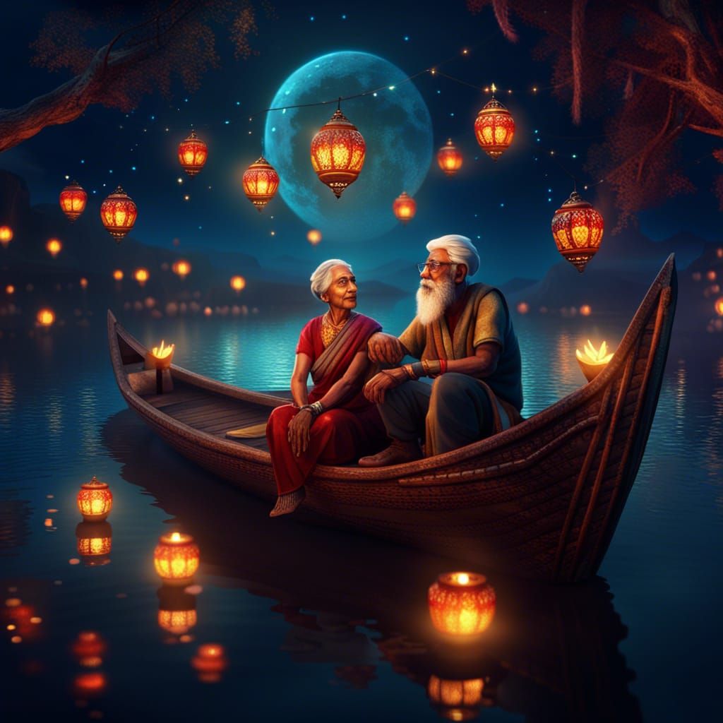 Diwali Night: Elderly Couple in Boat with Lanterns