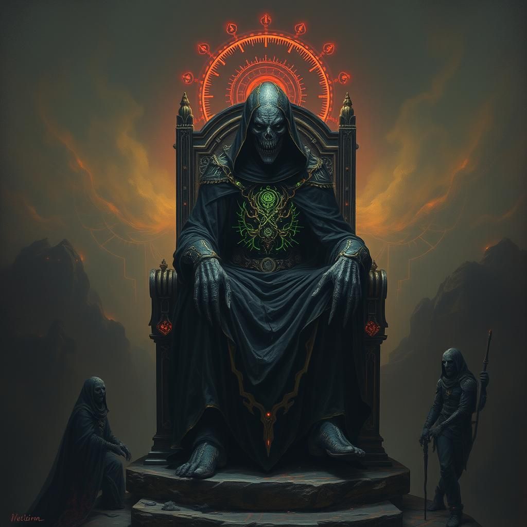 Cybernetic Lich on Throne in Dreamlike Landscape