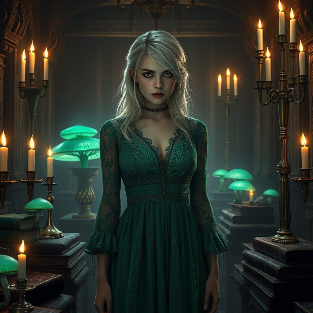 Gothic Woman in Mystical Green Lace Dress