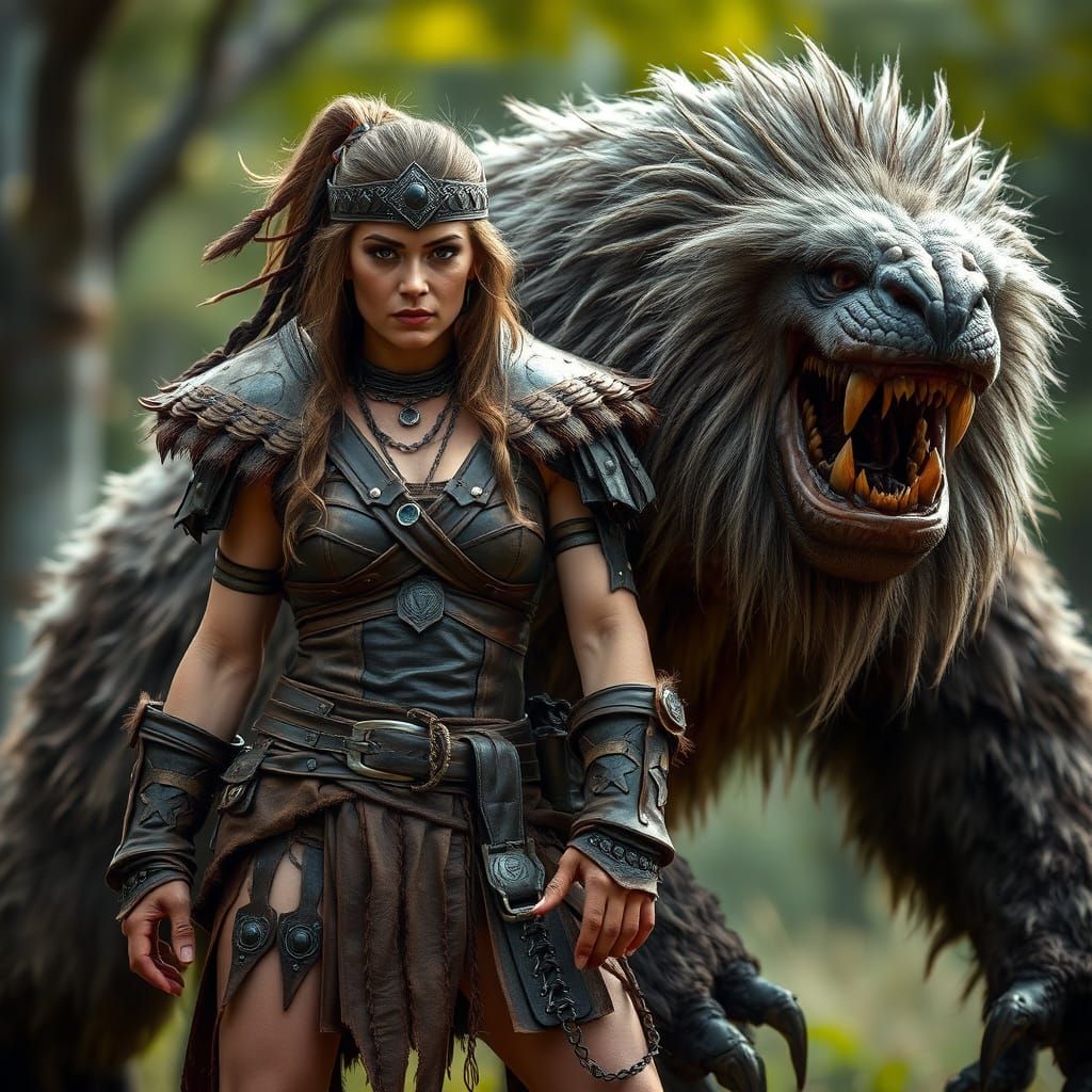 Barbarian Chieftain and Monster Pet, Dark Fantasy Style