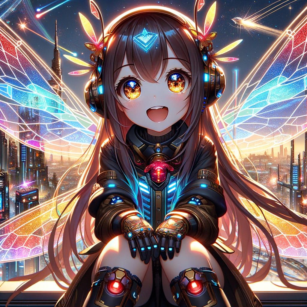 Futuristic Anime Girl Sits on Dragonfly in Neon Cityscape