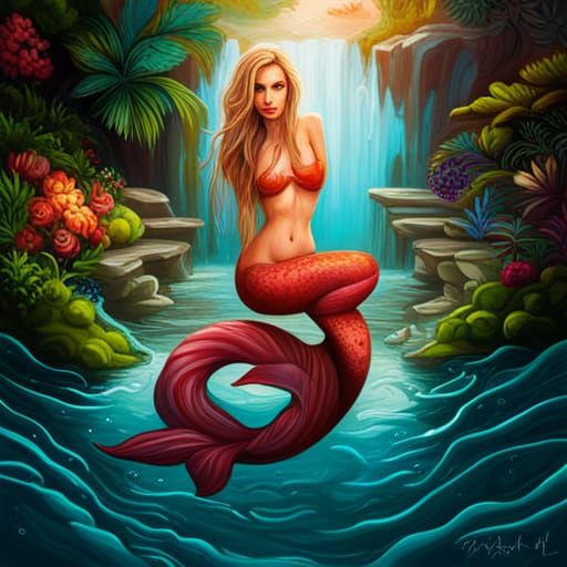 Mermaid Relaxing by Waterfall in Graffiti Art Style