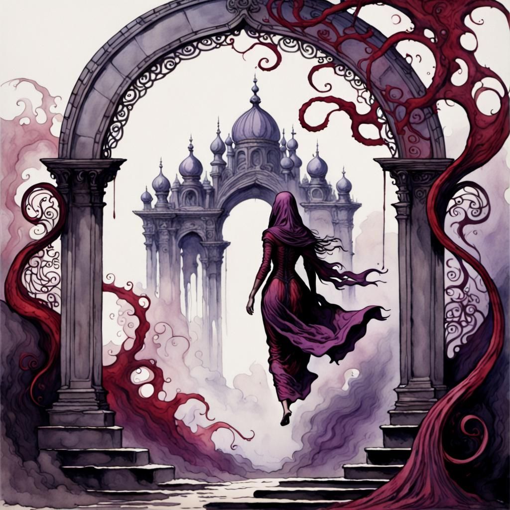 Veiled Woman Approaching Arch in Horror Art Style