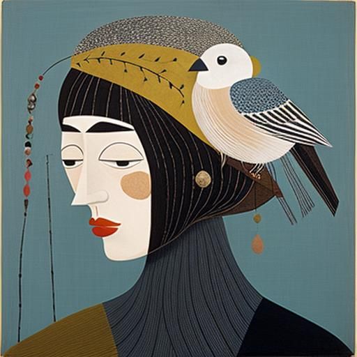 Girl with Bird: Naive Art Portrait