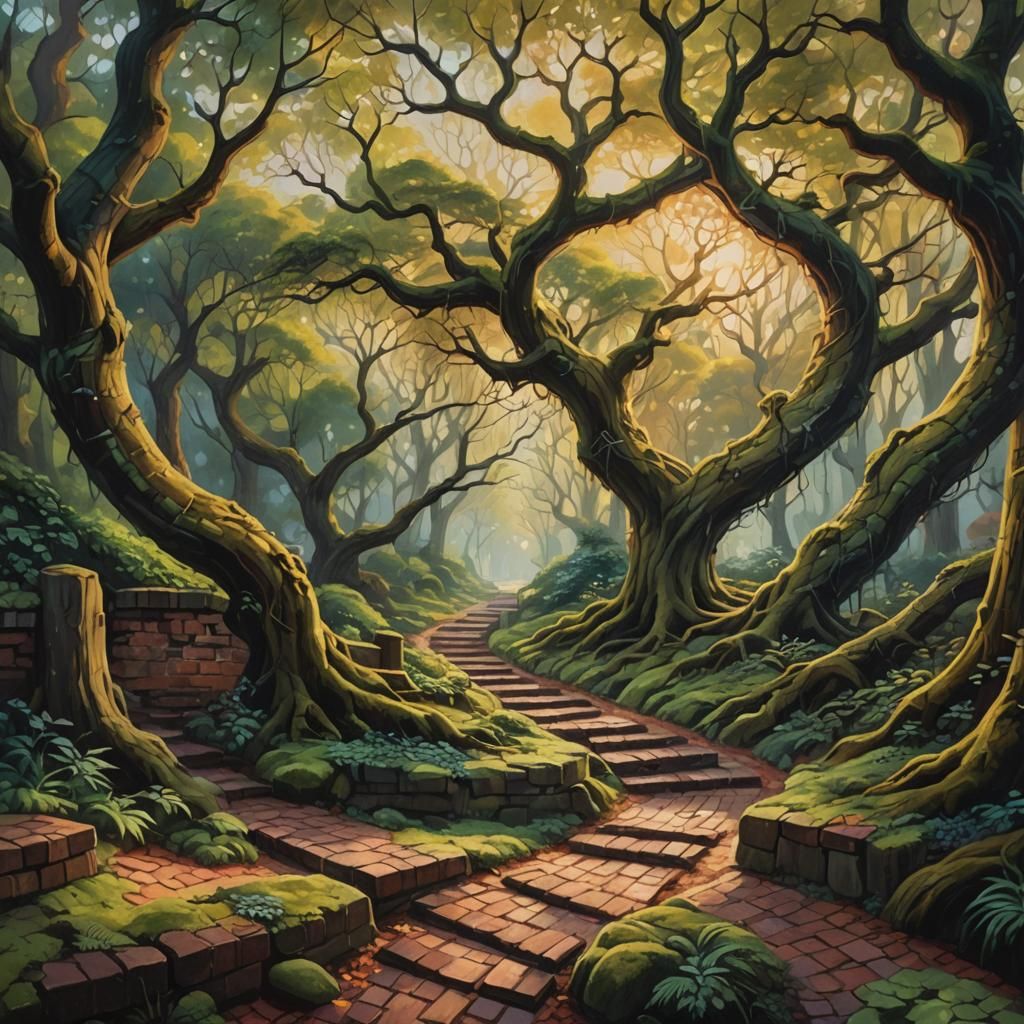 Fantasy Forest Landscape with Brick Pathway