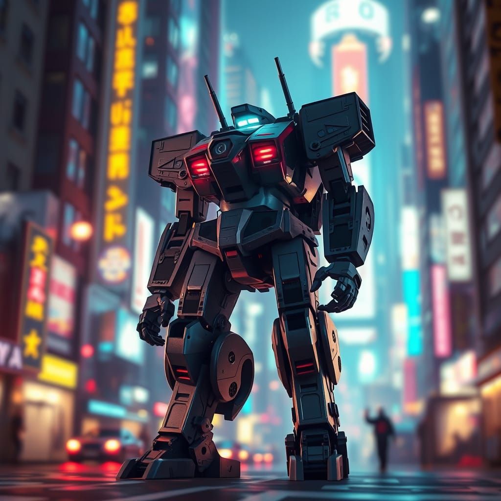 Heroic Giant Mech in Neon City, Anime Style