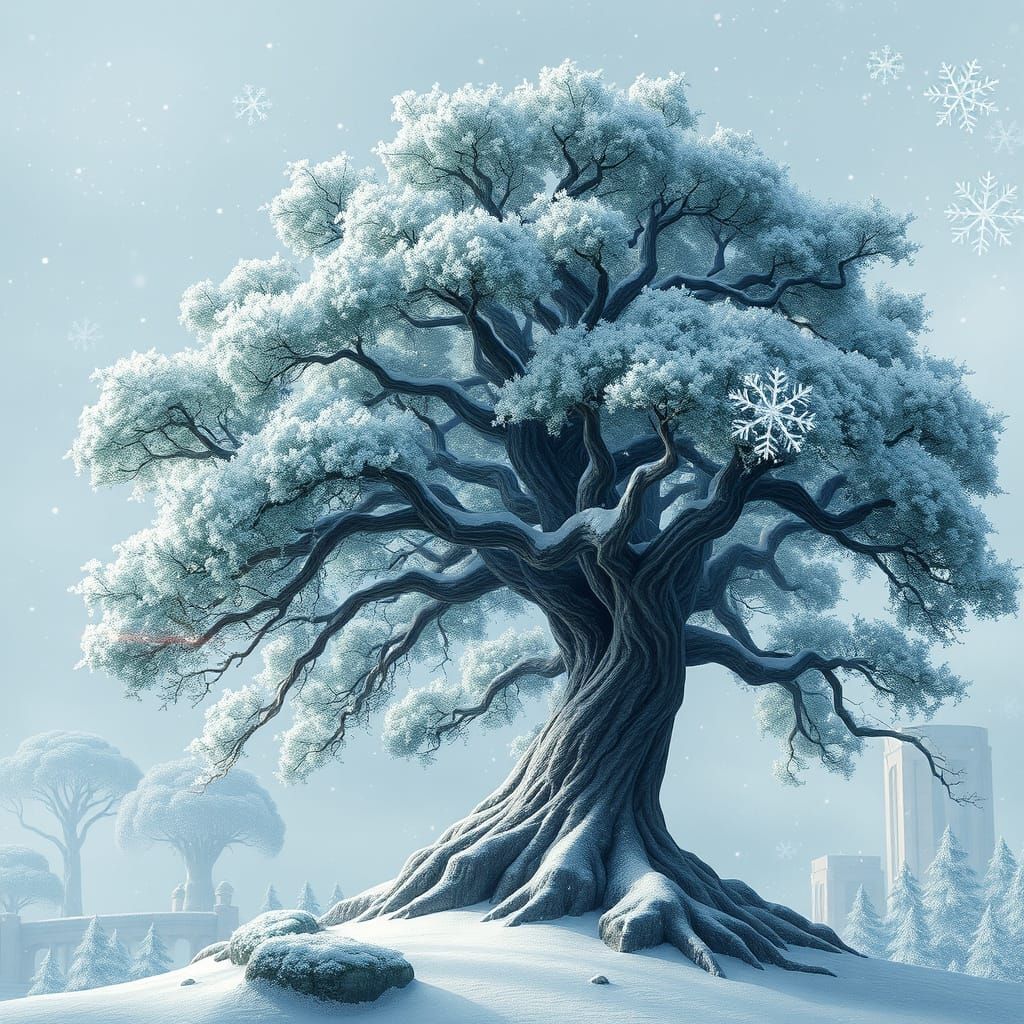 Anime-Inspired Winter Tree in Snowy Wonderland