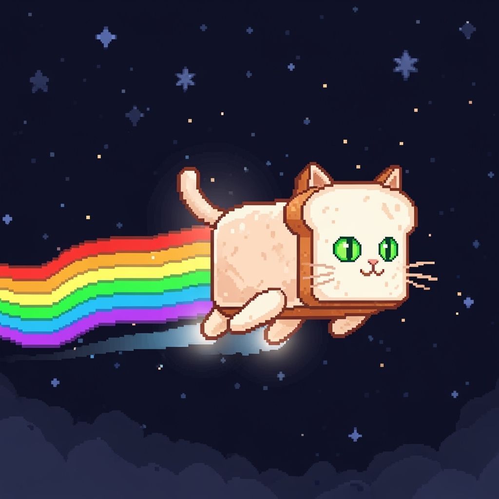 Pixel Art Cat with Rainbow Tail Flies Through Night Sky